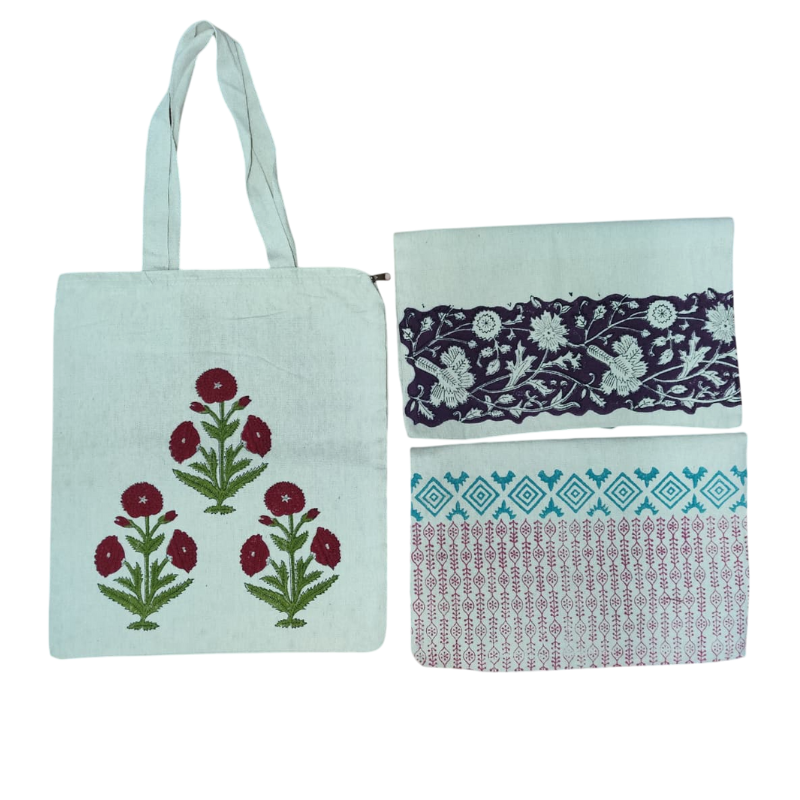 Qyaari by Penkraft Hand Block Printed Tote Bags – Set of 3 Pattern 2
