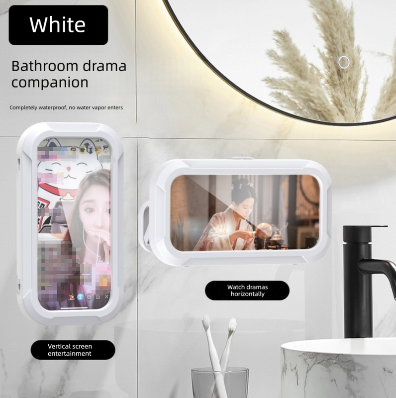 Waterproof Shower Phone Holder White Wall Mount - 360° Rotating Retractable Anti-Fog Touch Screen Case for Bathroom & Kitchen - Fits Phones up to 6.8 Inch