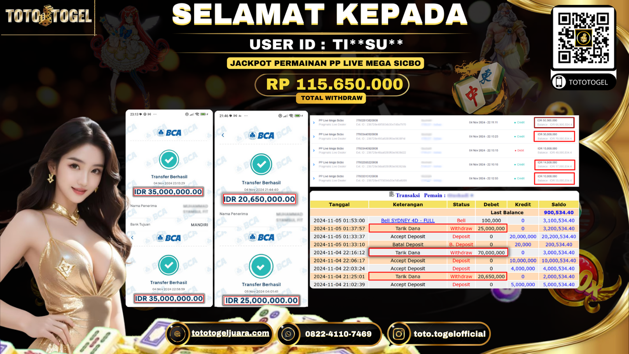 Bukti Pembayaran Jackpot Permainan PP Live Mega Sicbo ID:TI**SU* LUNAS 