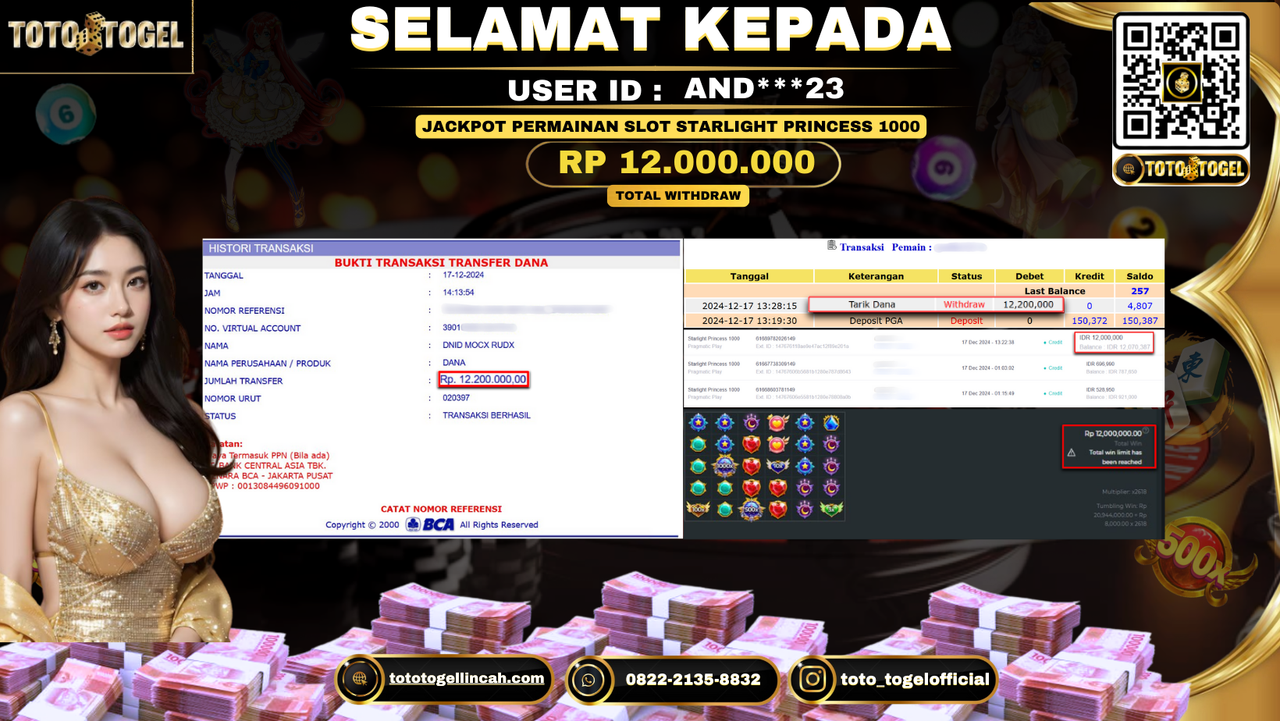 Bukti Pembayaran Jackpot Permainan Slot Starlight Princess 1000  ID: AND***23 LUNAS