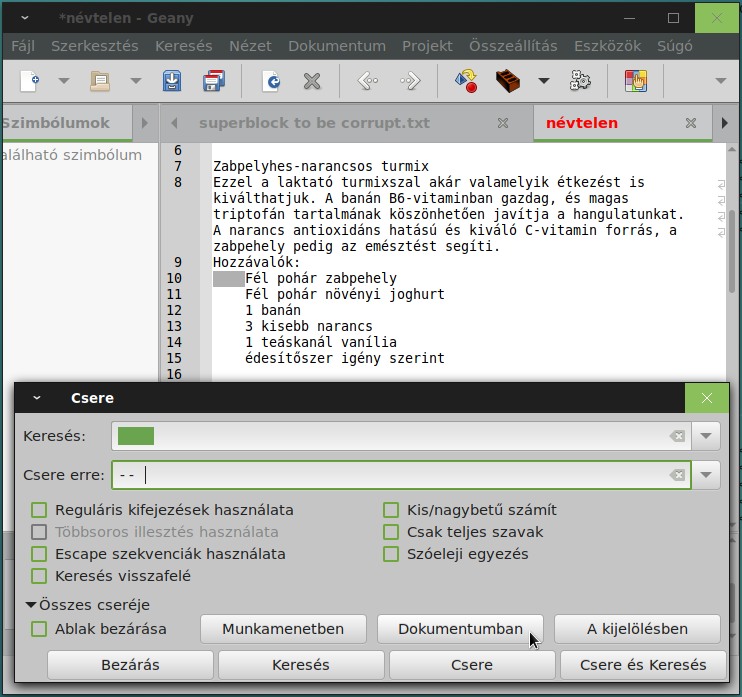 Geany - keresés, csere_01
