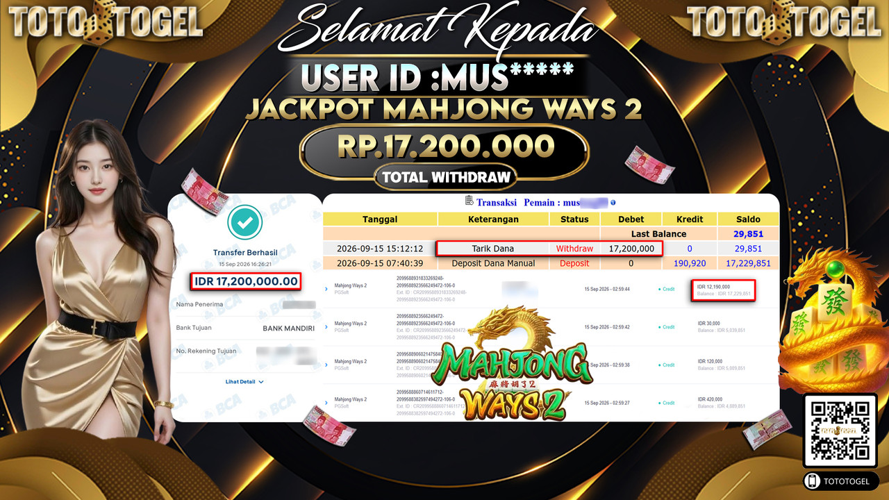 Bukti Pembayaran Jackpot Slot Mahjong Ways 2  ID:MUS*****LUNAS
