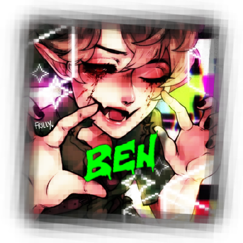 BEN drowned by Frillyxo on Twitter. a white person with blond hair and black eyes, dressed in green on a multicolor background