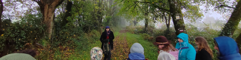 un très beau chemin creux baigné de brume. au milieu et face à nous, colin et son baton qui racontent à une rangée de têtes en premier plan