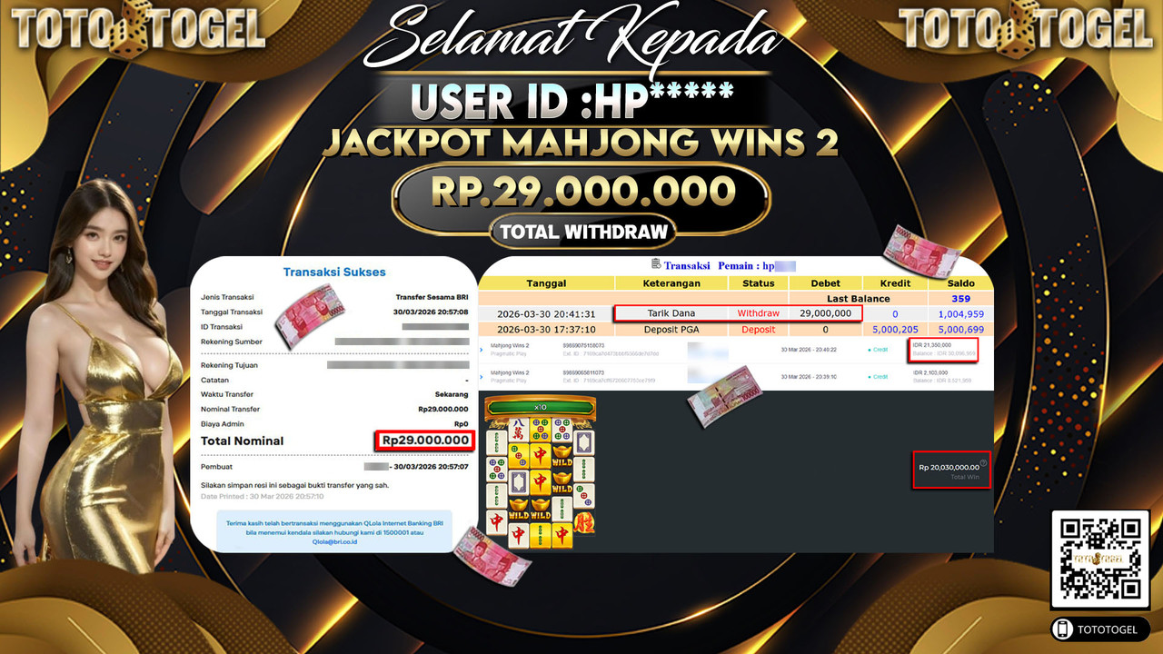 Bukti Pembayaran Jackpot Permainan Slot Mahjong Wins 2 ID:HP*****LUNAS