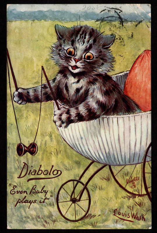 Louis_Wain_-_Diabolo_Even_baby_plays_it_Animaux_en_posture_detre_humain_Chaton_jouant_avec_un_-_(Mei