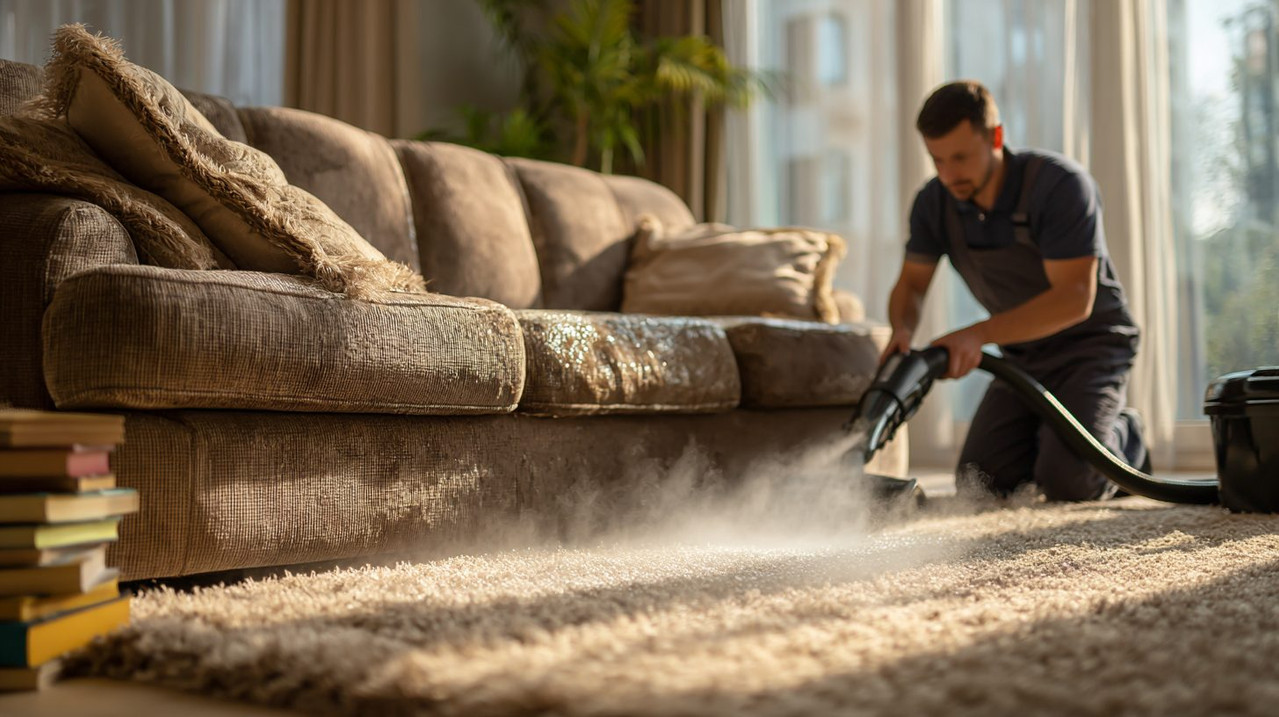 Специалист проводит экстракционную чистку дивана на дому