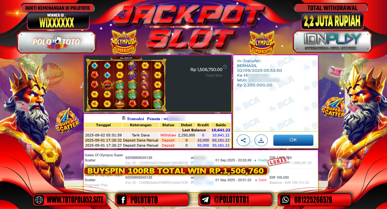POLOTOTO JACKPOT SLOT GATES OF OLYMPUS SUPER SCATTER Rp.2.000.000,-