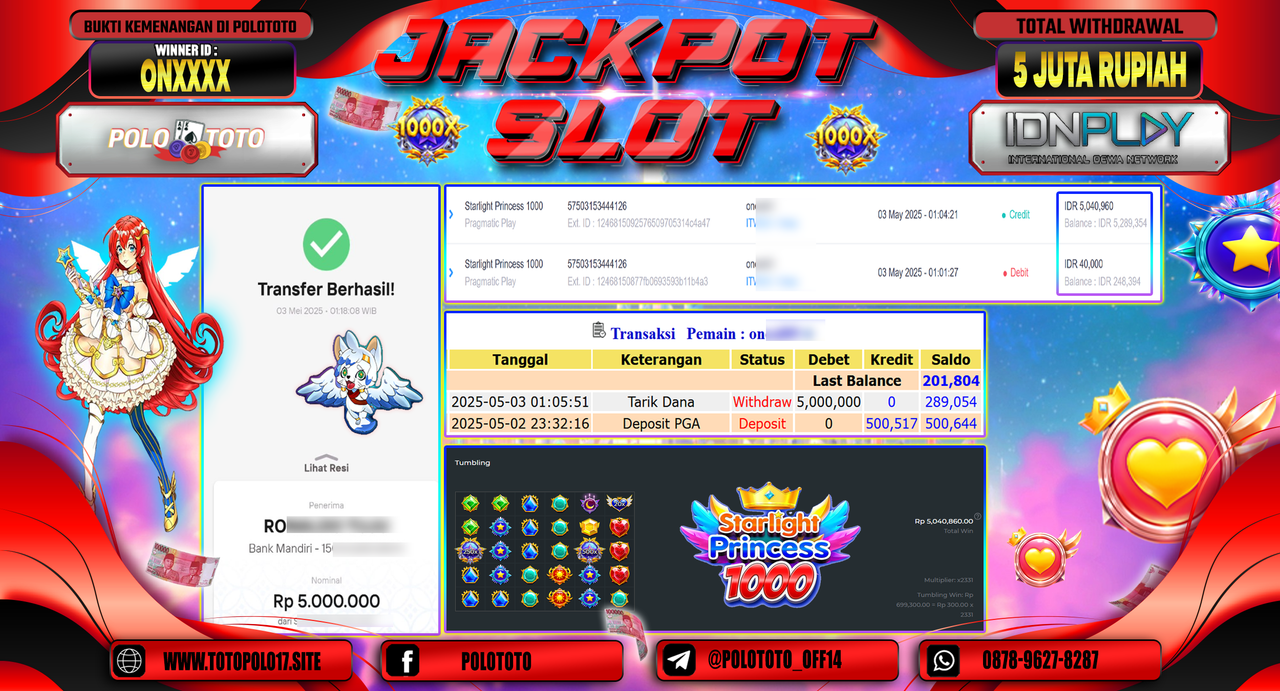 POLOTOTO JACKPOT SLOT STARLIGHT PRINCESS 1000 Rp.5.000.000,-