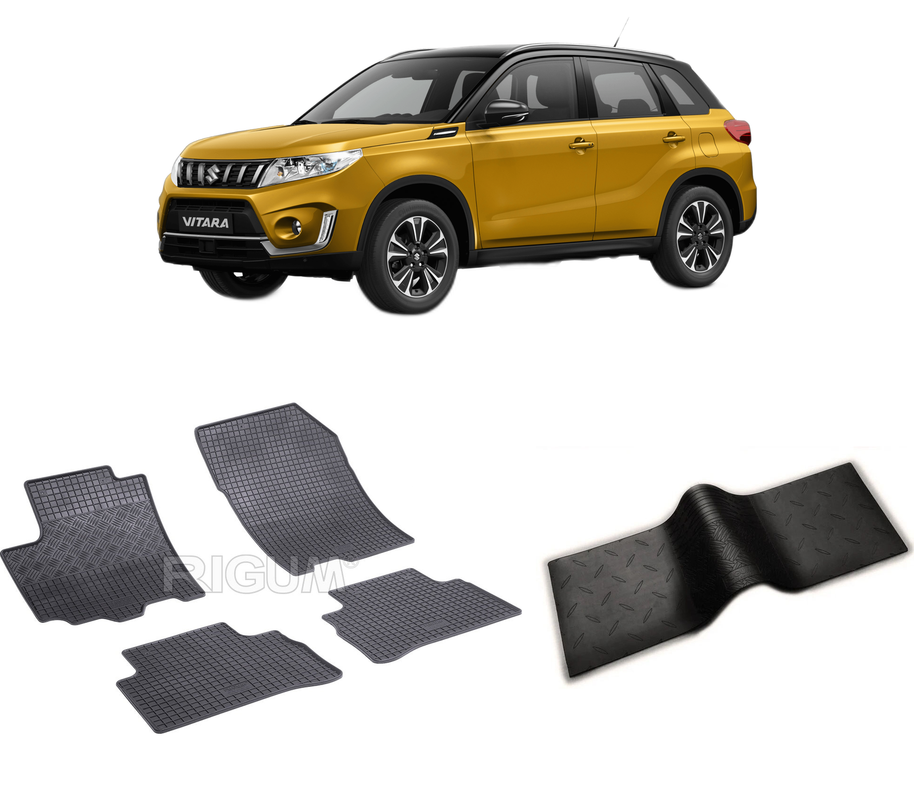 Set covorase auto SUZUKI VITARA din 03.2015-03.2020, cu covoras tunel median, CAROSERIE SUV, Presuri cauciuc 100%, compatibil cu autoturismul SUZUKI VITARA, Rigum