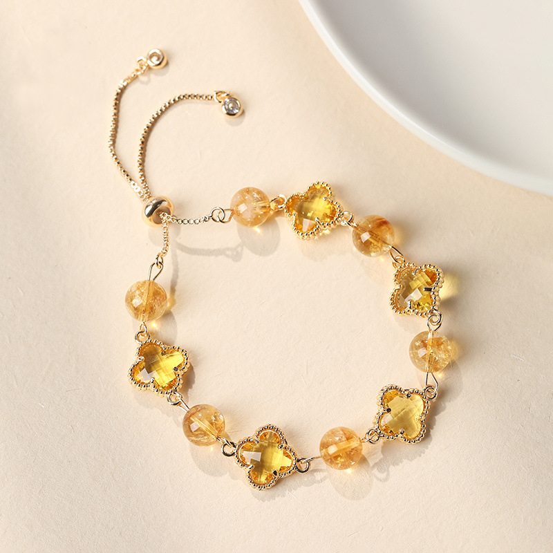 Natural Yellow Crystal Four-Leaf Clover Bracelet - Elegant Adjustable Silver-Tone Bolo Jewelry for Women - Versatile Quartz Bead Charm Bracelet, Perfect Mother's Day Gift