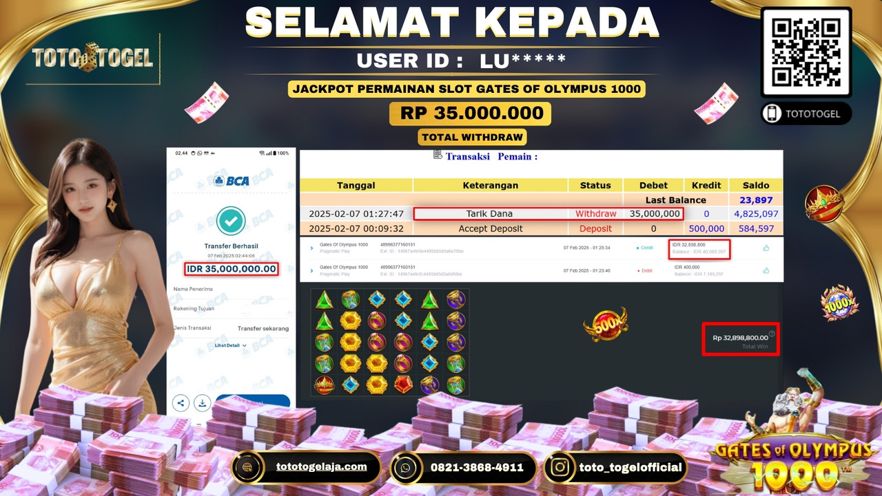 Bukti Pembayaran Jackpot  Permainan Slot Gates Of Olympus 1000   ID:LU*****  LUNAS