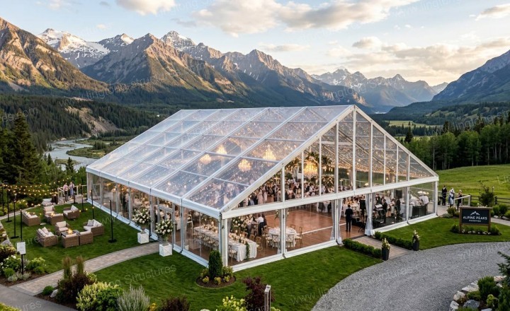 Romantic garden party wedding marquee with floral decorations