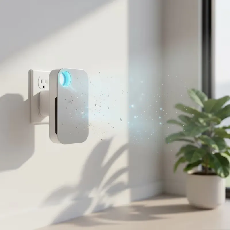 Person's hand interacting with the IonClear air purifier plugged into a wall outlet, with clean air particles swirling around