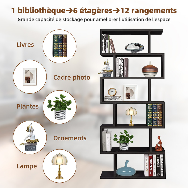 Bibliotheque à 6 Étagère, Etagere, Charge 20kg, Bibliothèque En Aggloméré, Cloison, Etagere Salon En Forme S Pour Salon, Bureau, Chambre, Cuisine, Noir 14 4-1-2