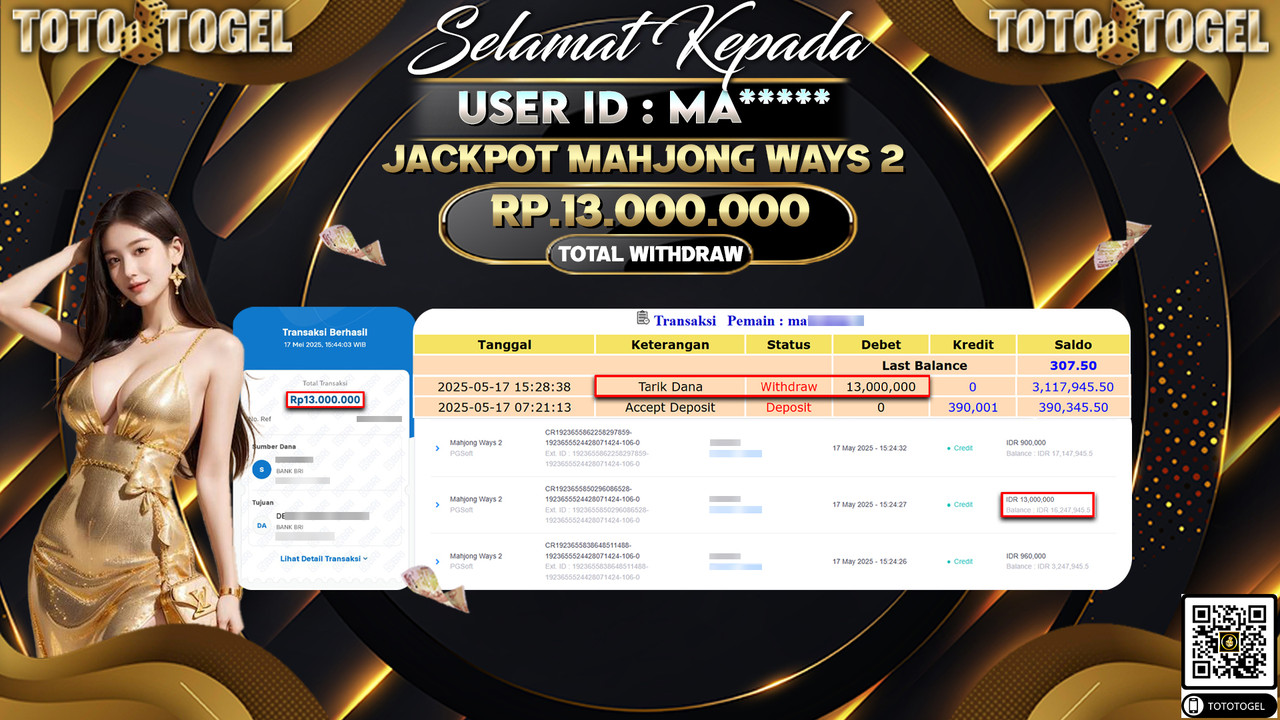 Bukti Pembayaran Jackpot Permainan Slot Mahjong Ways 2 ID:MA***** LUNAS