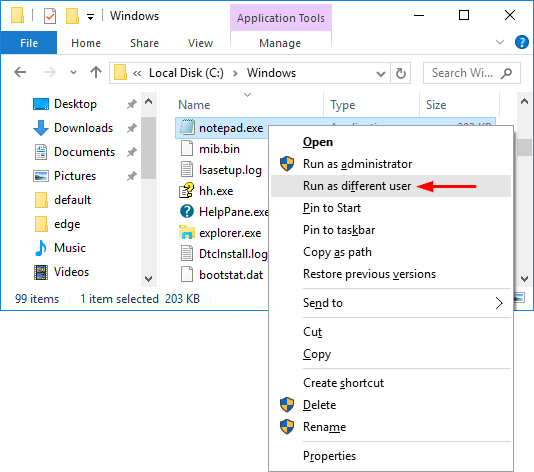 W10 run as different user