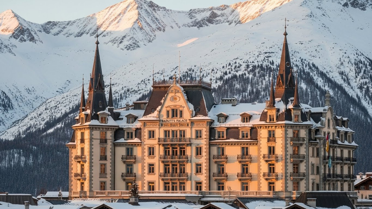 Fachada do Badrutt's Palace Hotel ao entardecer
