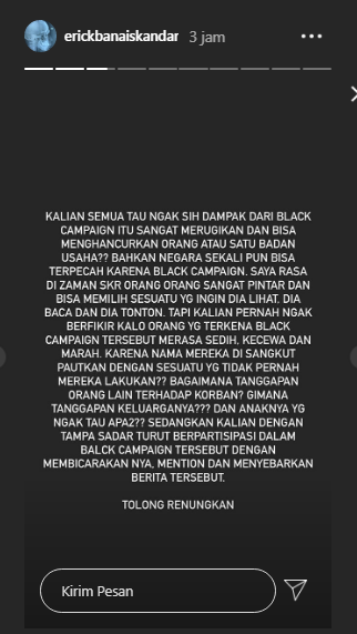 Erick Iskandar menggunggah status tentang black campaign alias kampanye hitam