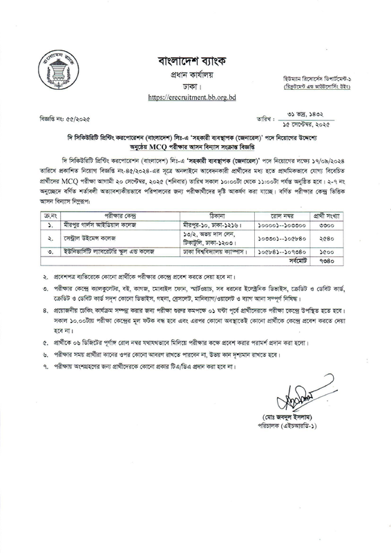 Security Printing Corporation Bangladesh Limited Assistant Manager (General) Exam Seat Plan 2025 PDF