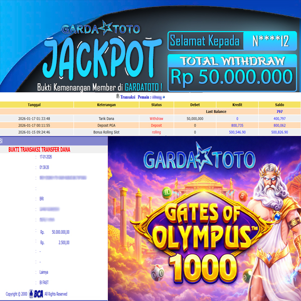JACKPOT DI PERMAINAN SLOT PRAGMATIC PLAY GATES OF OLYMPUS 1000 WD Rp 50.000.000,- DIBAYAR LUNAS GARDATOTO MANTAP!