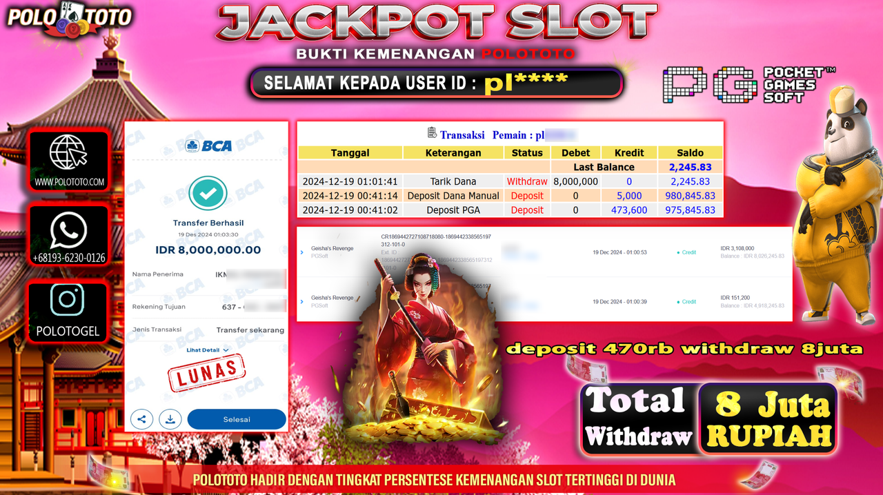 POLOTOTO JACKPOT SLOT GEISHA REVENGE Rp.8,000.000,-