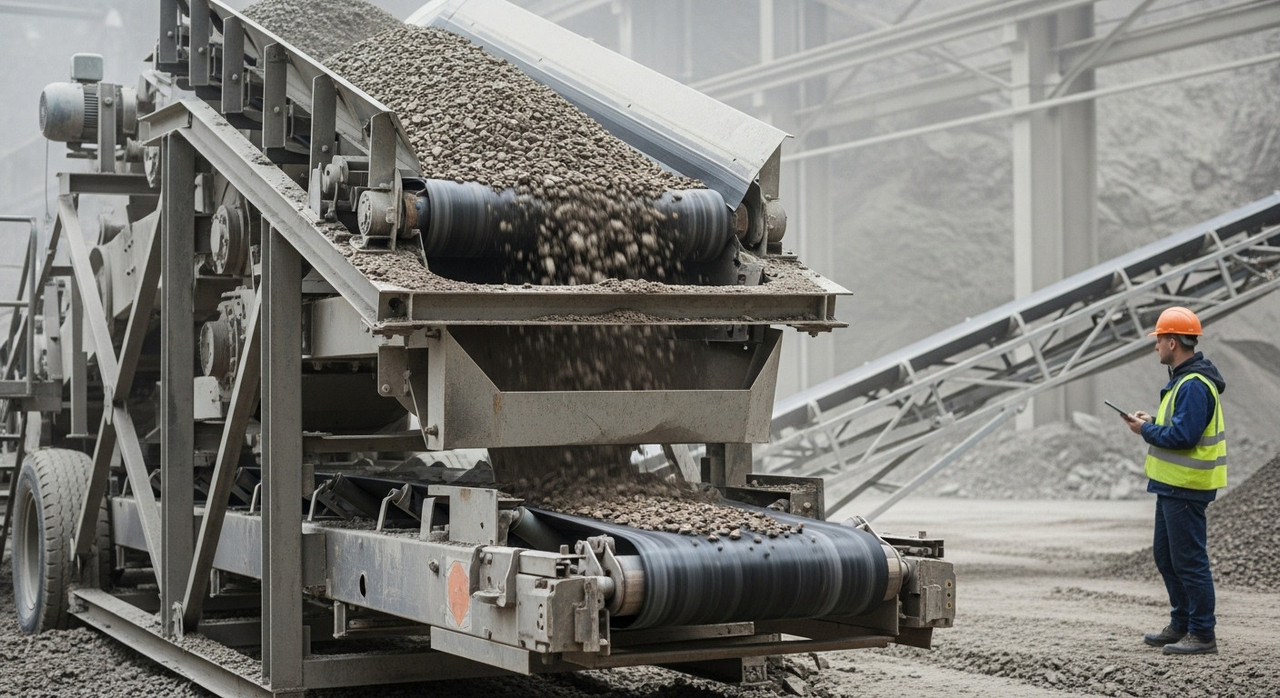Вибрационные грохоты на эстакаде с потоком щебня, сортировка по фракциям, критически важный процесс для качества продукта