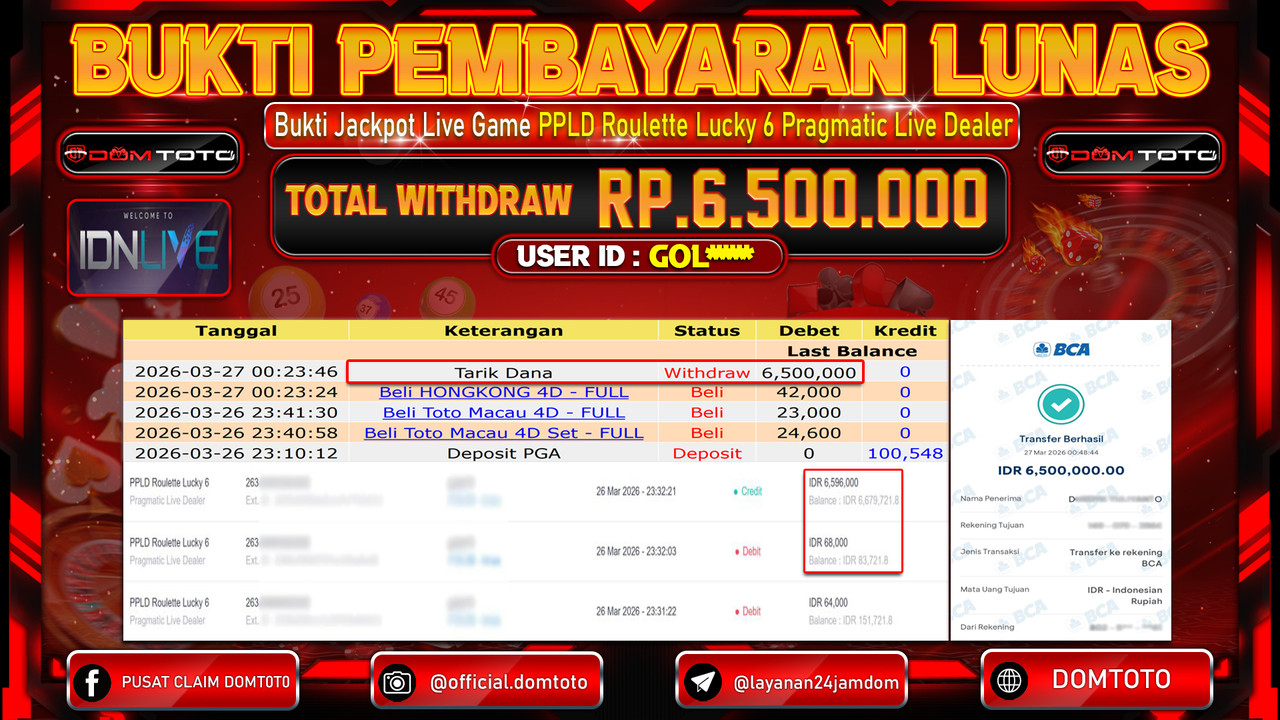 JACKPOT LIVEGAMES PPLD Roulette Lucky 6 Pragmatic Live Dealer 27 MARET 2026