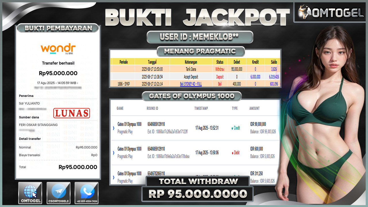 OMTOGEL JACKPOT PRAGMATIC PLAY GATES OF OLYMPUS 1000 95 JUTA DI BAYAR LUNAS ,-