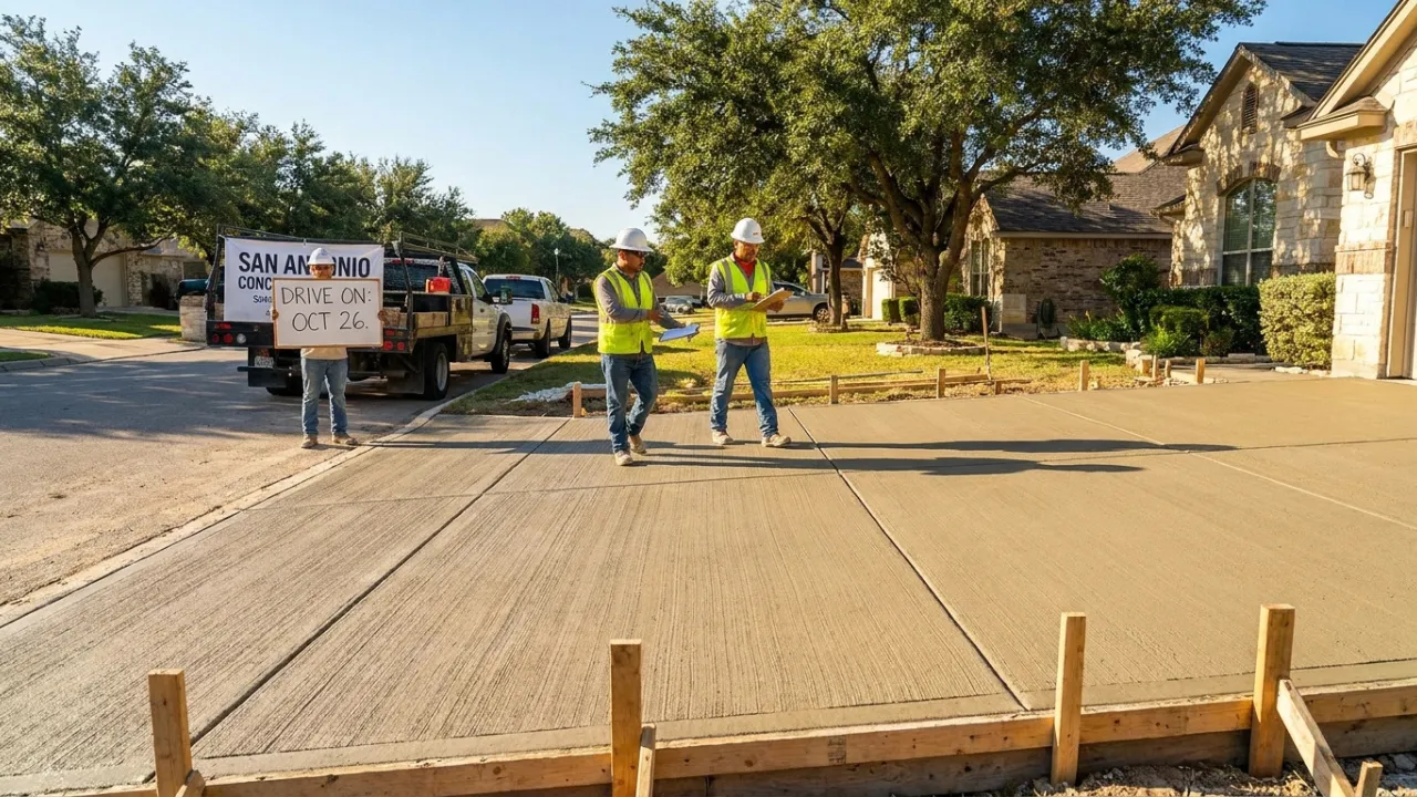 Freshly poured and broom-finished concrete parking pad in San Antonio TX with forms still in place showing smooth surface texture and clean straight edges