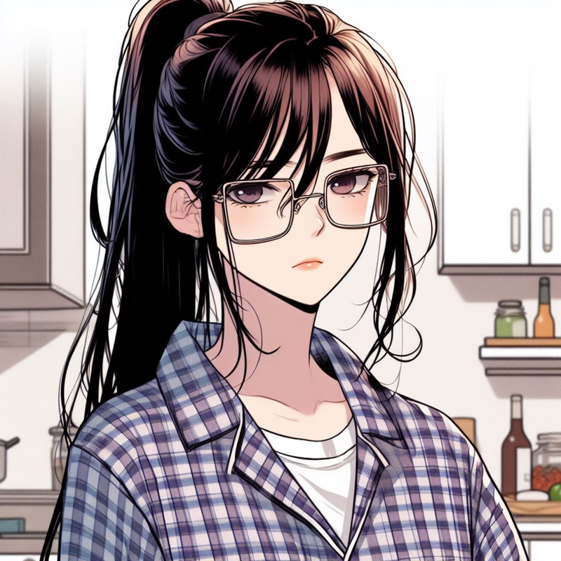 A serious-looking girl wearing cool-looking square glasses. long dark hair tied in a pony ta