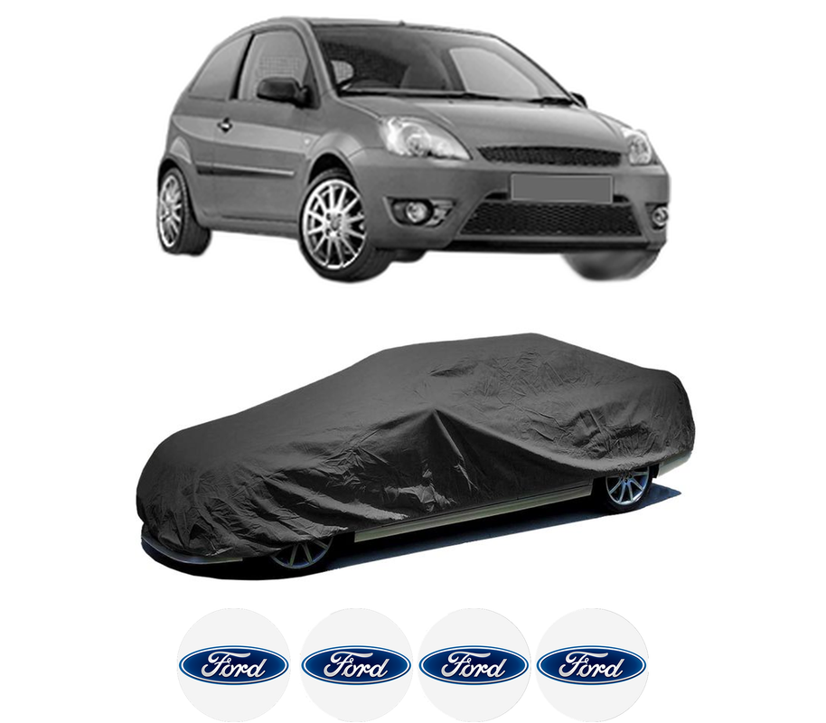 Husa tip prelata auto pentru FORD FIESTA V Van din 2003-2010, Culoare Negru, material textil impermeabil, rezistanta la intemperii praf UV, CARPASSION Husa Protectie, 4 Stickere auto cu FORD