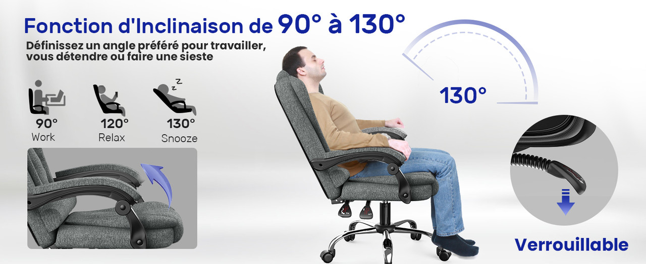 Fauteuil De Bureau Ergonomique Haut - Dossier Double Couche - Réglable En Hauteur - Accoudoirs Rabattables - Tissu Gris - 5