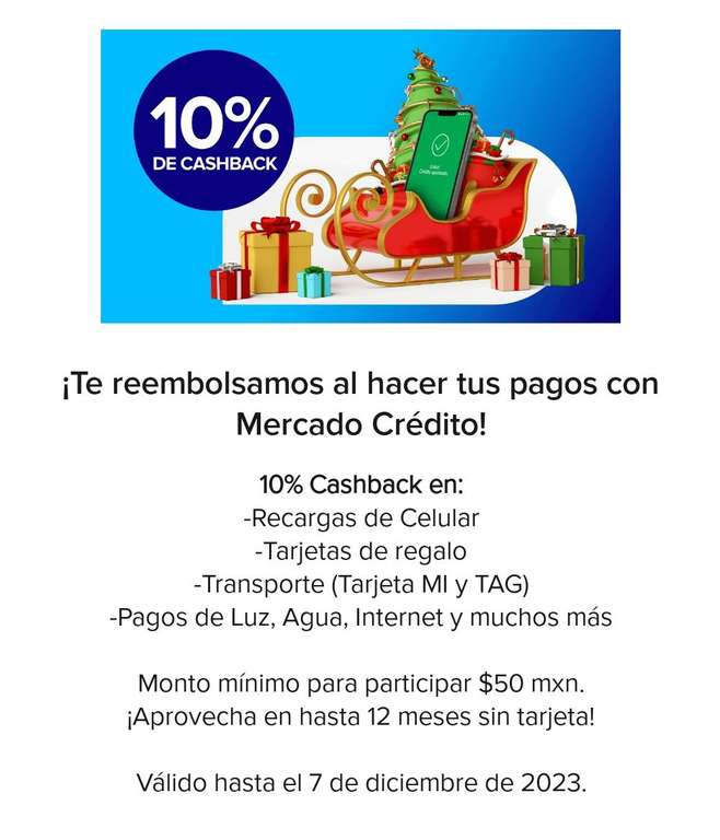 Mercado pago: 10% cashback al pagar servicios con mercado credito