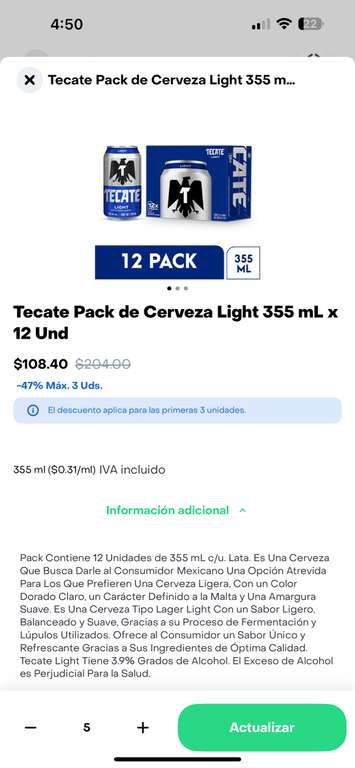 Rappi JUSTO Tecate Light 12 Pack 355 ml a $108 MXN - Coyoacán