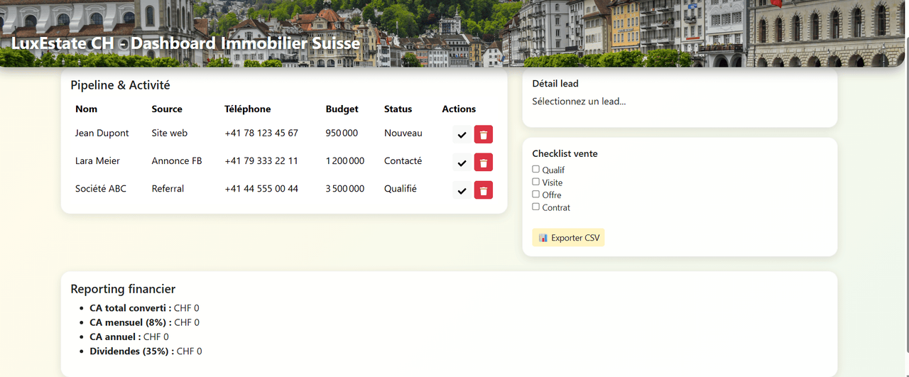 Suisse dashboard tool Real Estate