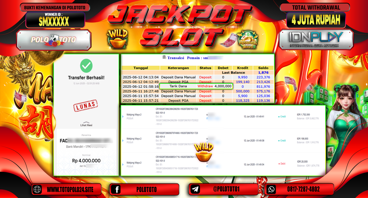 POLOTOTO JACKPOT SLOT MAHJONG WAYS 2 Rp.4.000.000,-