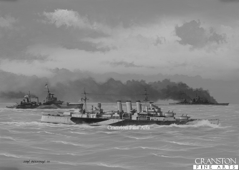 El HMS Norfolk y el HMS Belfast se acercan al malogrado DKM Scharnhorst, en los compases finales de la Batalla de Cabo Norte