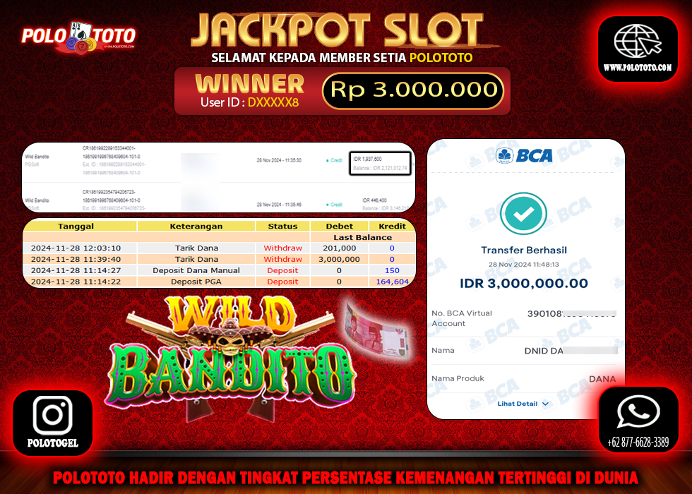 POLOTOTO JACKPOT SLOT WILD BANDITO  Rp.3,000.000,-