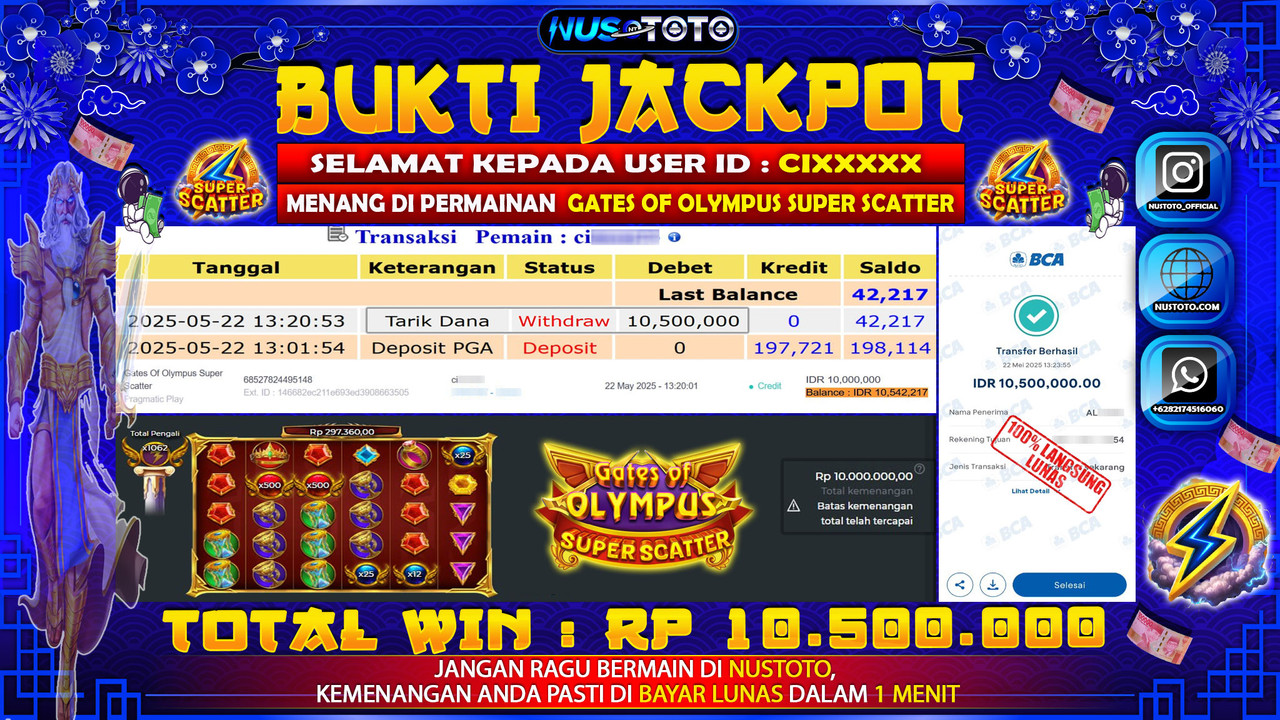 JACKPOT !! MENANG BESAR DI SLOT GATES OF OLYMPUS SUPER SCATTER Rp. 10.500.000 LANGSUNG DI BAYAR LUNAS NUSTOTO !!
