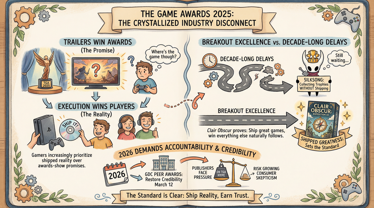 Gaming award ceremony stage with dramatic lighting and trophy displays