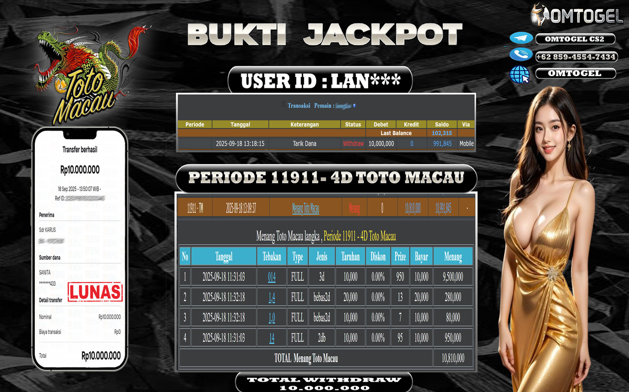 OMTOGEL JACKPOT TOTO MACAU 3D 2D 10 JUTA DI BAYAR LUNAS ,-