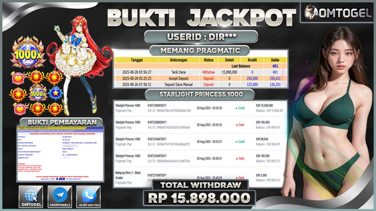 OMTOGEL JACKPOT PRAGMATIC PLAY STARLIGHT PRINCESS 1000 15 JUTA DI BAYAR LUNAS ,-