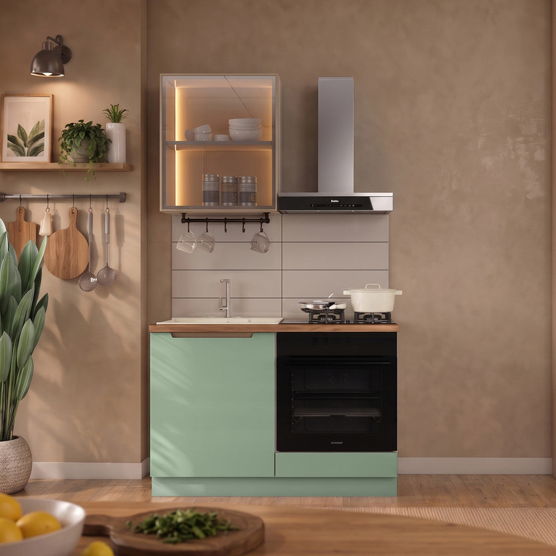 Hera 120 cm Mutfak Dolabı Seti %100 MDF Ledli Fırın Modüllü Lavabolu Mutfak Dolabı Takımı 3 Modül Tezgah Dahil Yeşil Bej