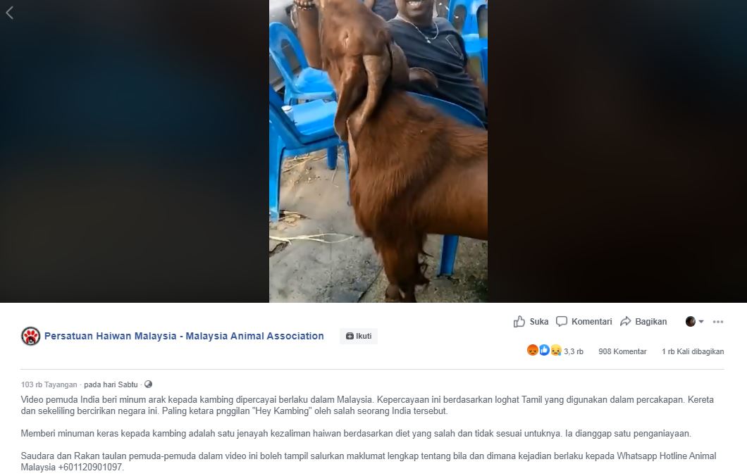 Laman Facebook Persatuan Haiwan Malaysia menginginkan pemuda dalam video untuk dicari identitasnya