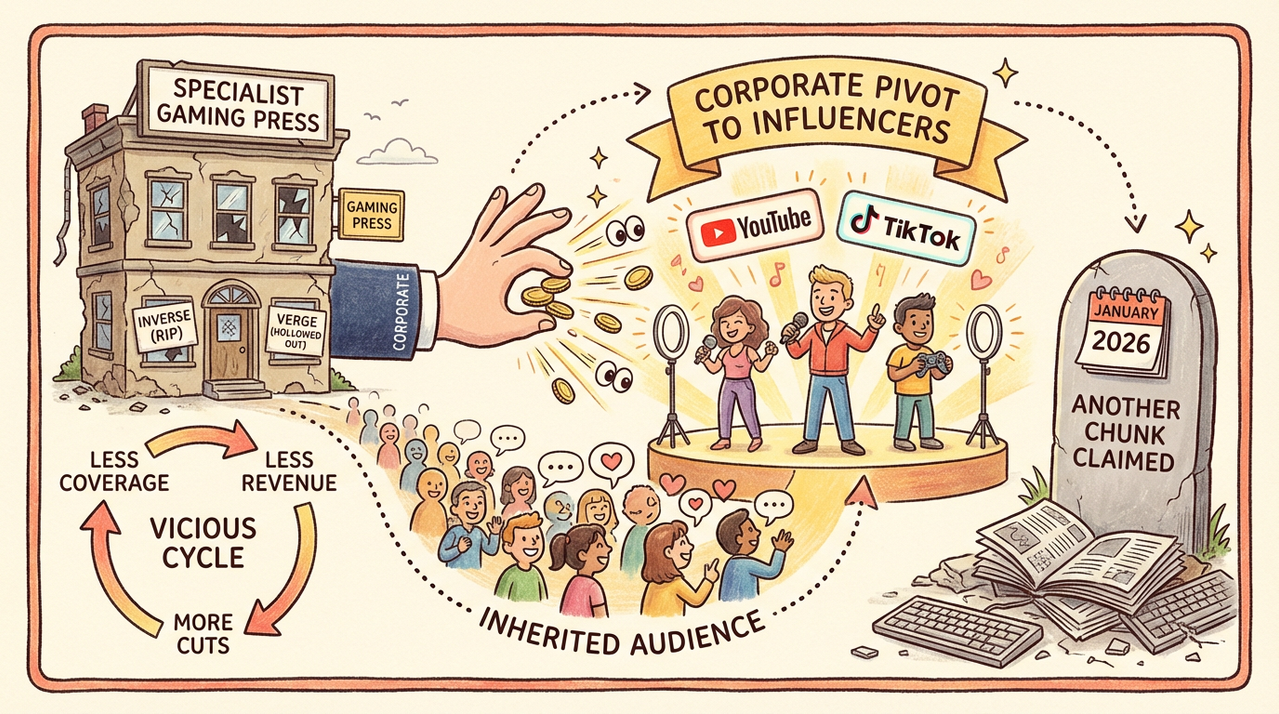 Empty newsroom desks with gaming posters peeling from walls