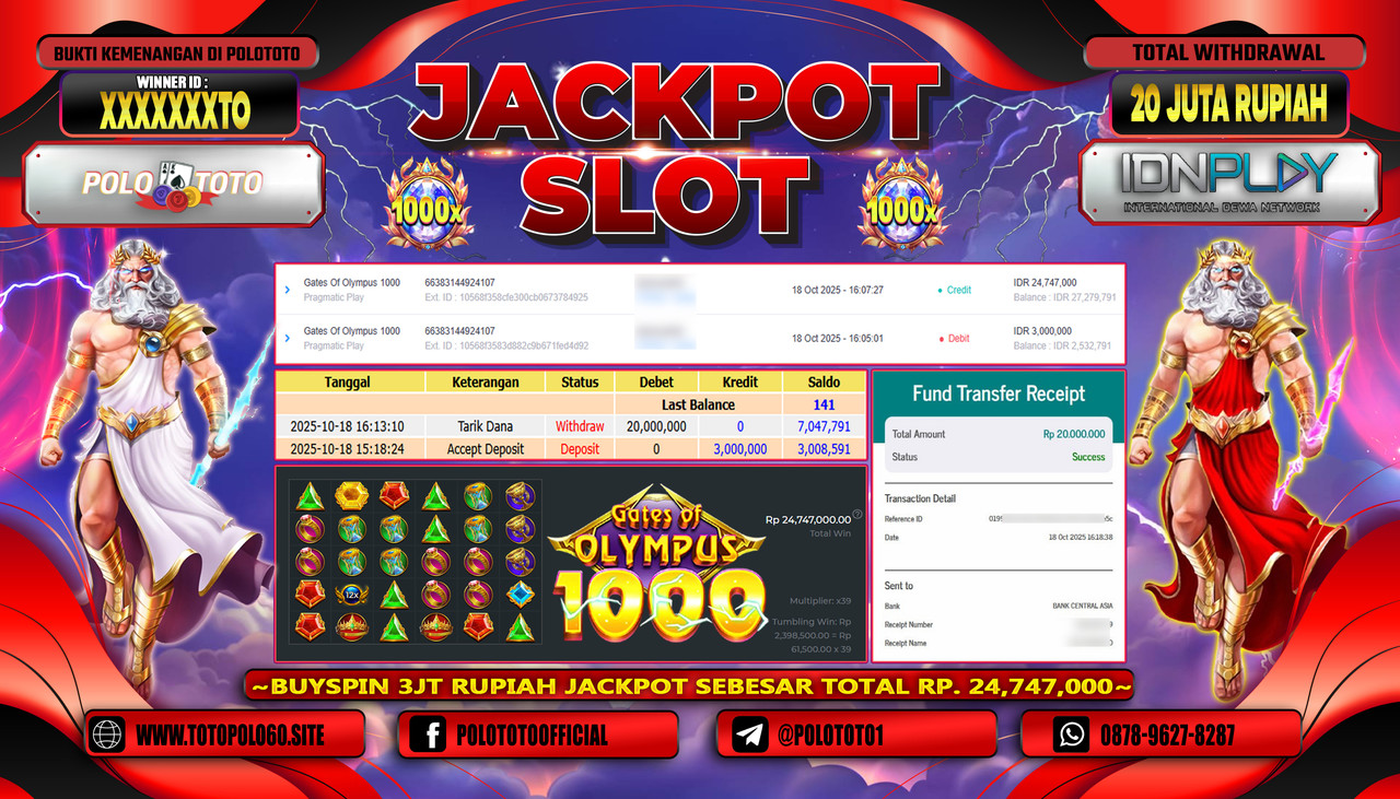 POLOTOTO JACKPOT SLOT GATES OF OLYMPUS 1000 Rp.20.000.000,- LUNAS