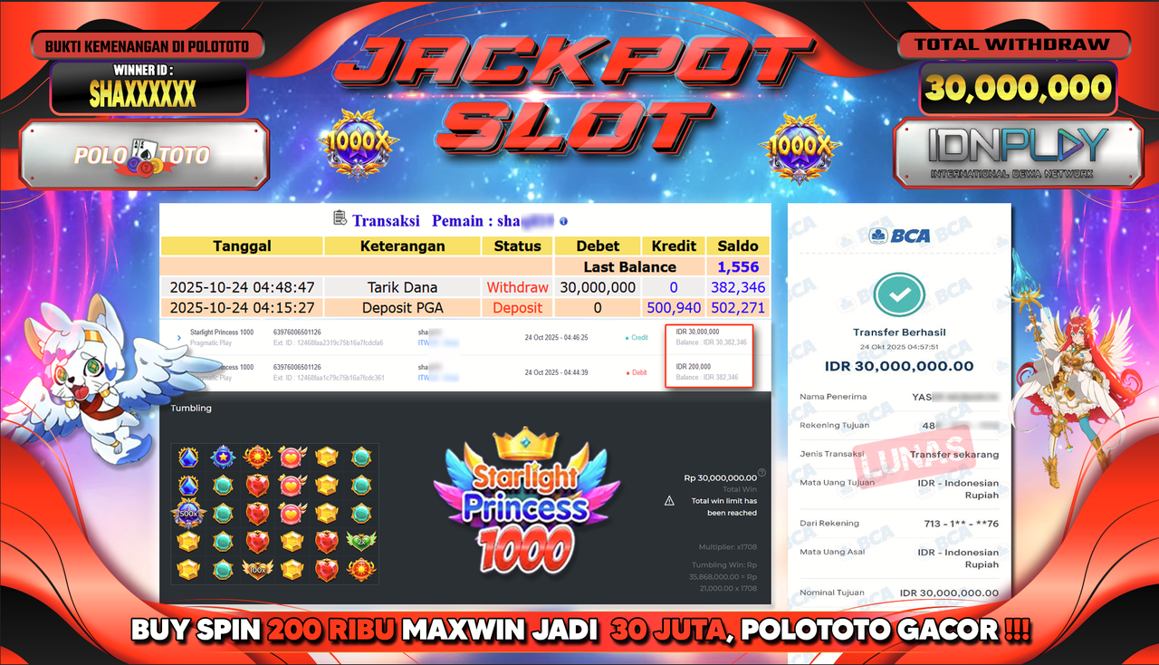 POLOTOTO JACKPOT SLOT STARLIGHT PRINCESS 1000 Rp.30.000.000,- LUNAS