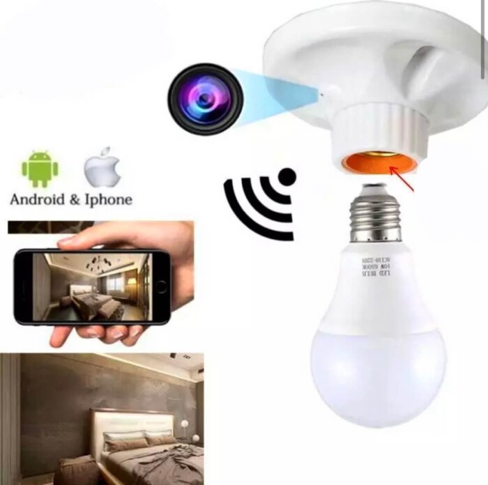 Zócalo de bombillo blanco con cámara espía WiFi oculta.