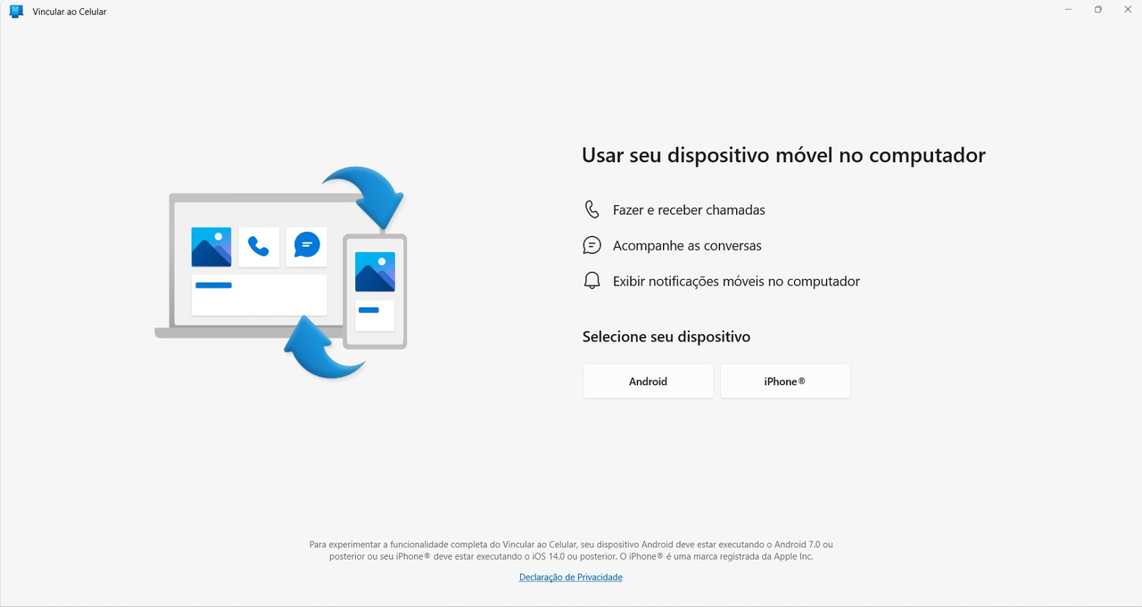 Função Vincular ao Celular do Windows. Imagem: reprodução.